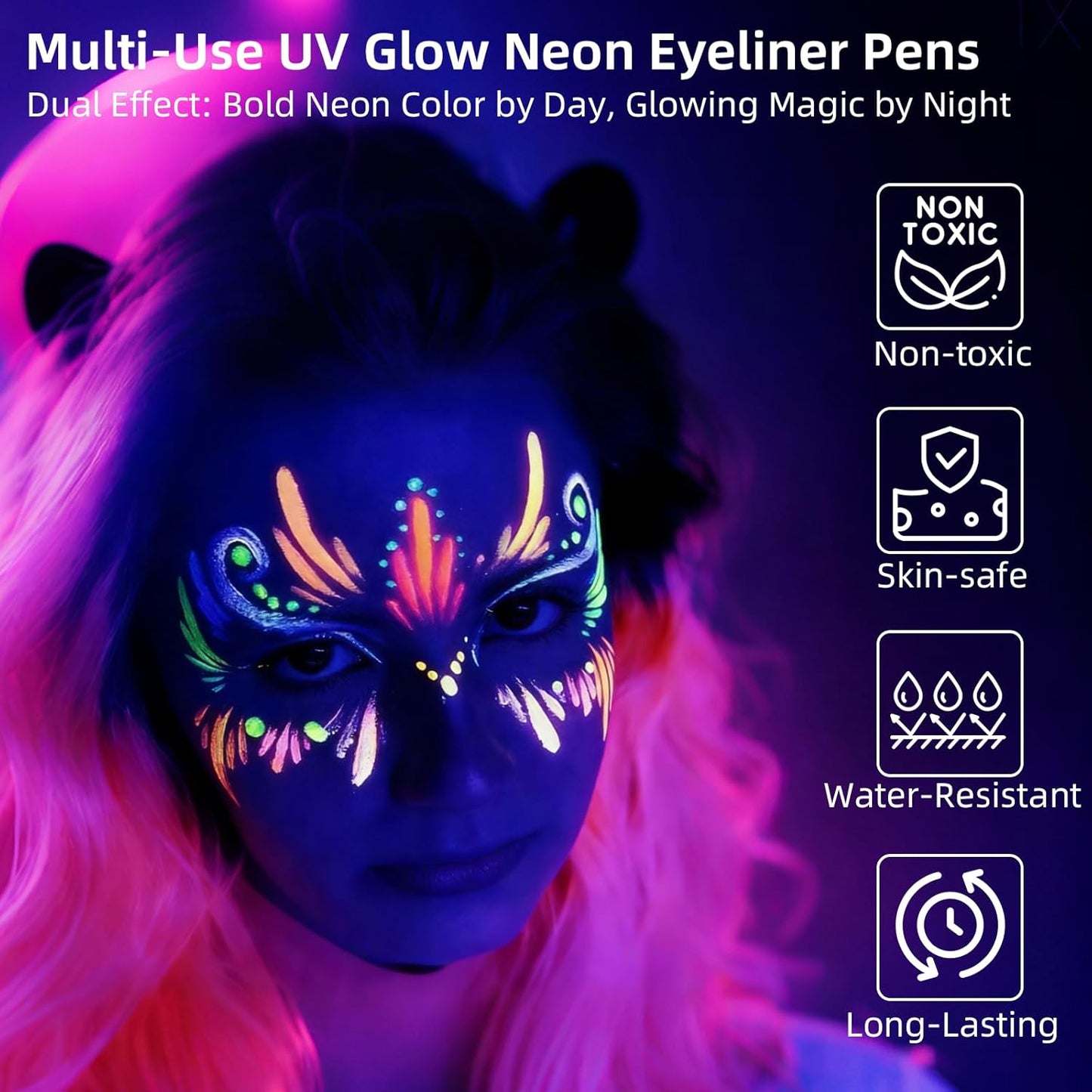 Glow in The Dark Face Paint Markers, 10 UV Neon Colours, Waterproof & Sweatproof, Skin-Safe Body Temporary Tattoo Pens, Washable Tattoo Markers for Halloween, Music Festivals, Raves, Parties