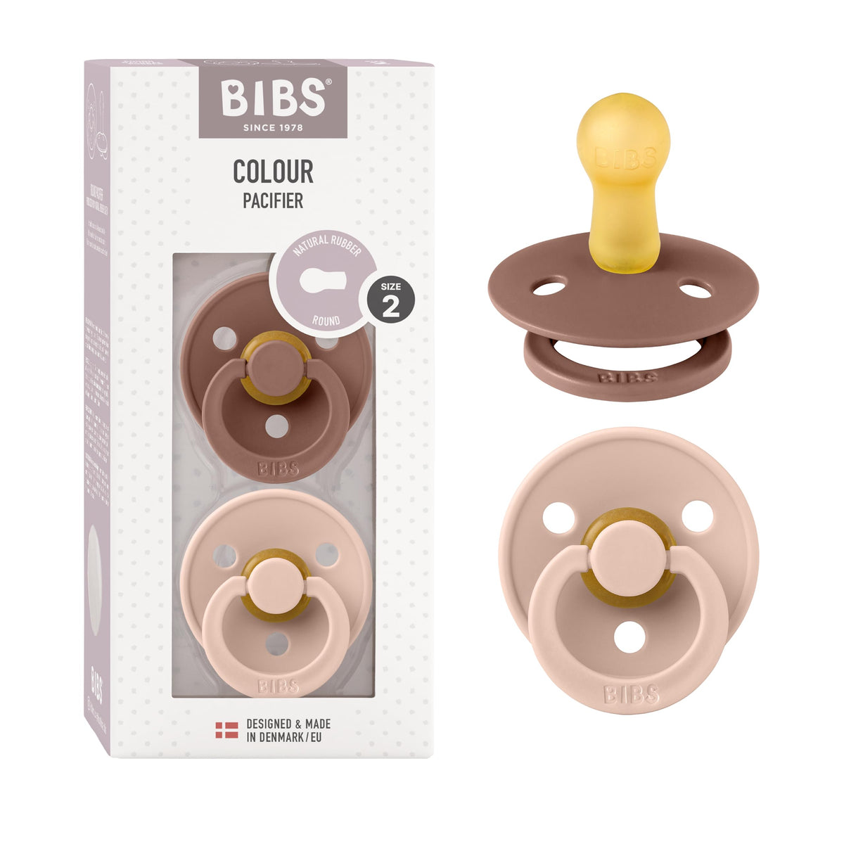 BIBS Colour Soother 2-Pack, BPA Free Dummy Pacifier, Round Nipple. Natural Rubber Latex, Made in Denmark, Size 2 (6-18 Months), Baby Blue