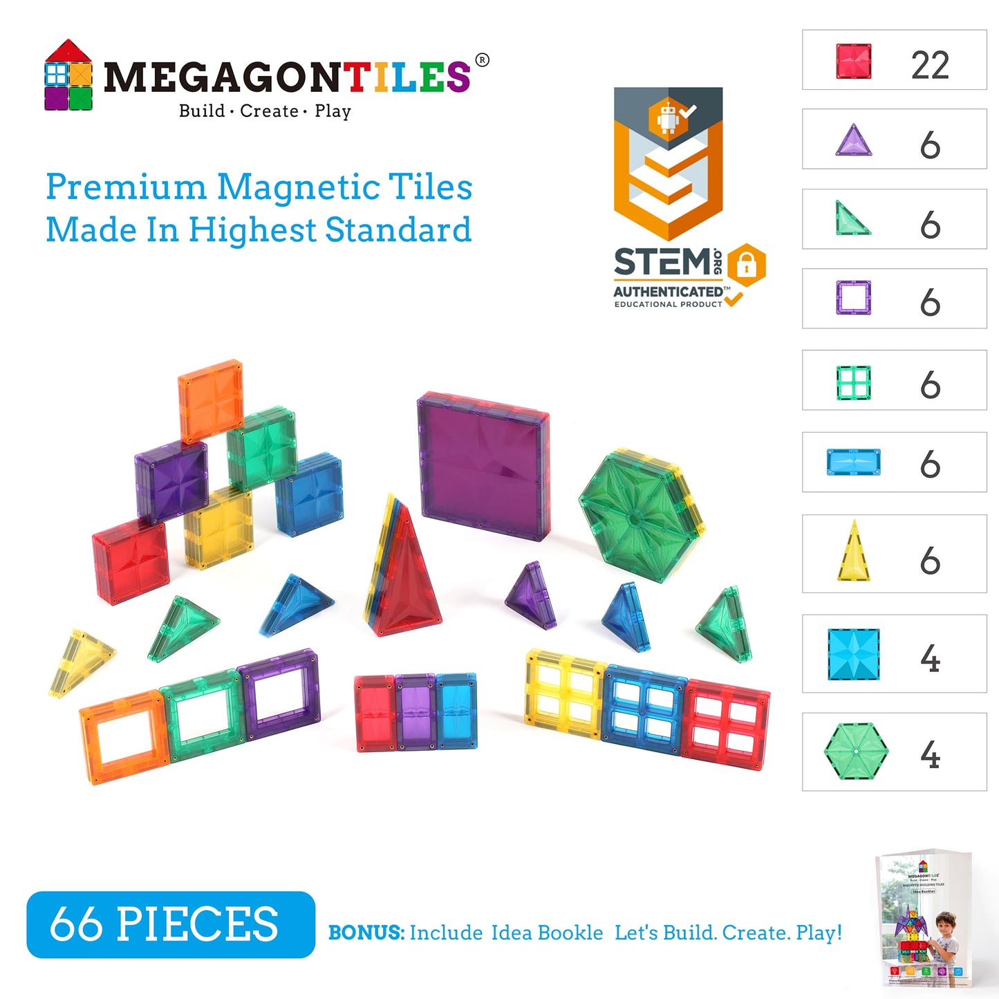 MEGAGONTILES 110PCS Premium Magnetic Tiles Set | STEM-Authenticated Magnetic Building Blocks | Educational Construction Toy for Kids Ages 3–8 (Boys & Girls)