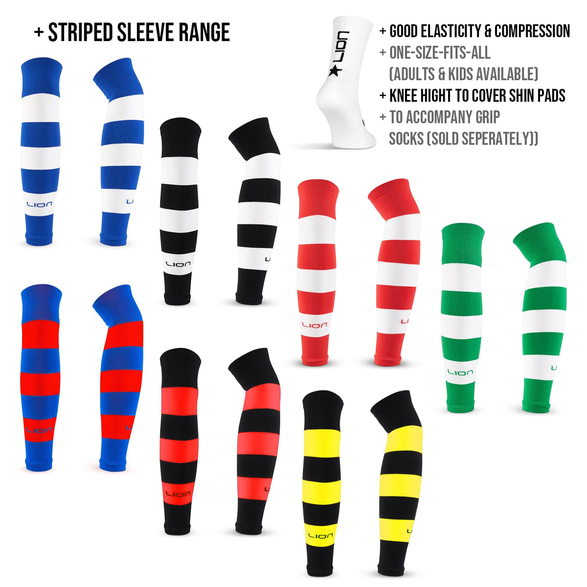 LION SPORTSWEAR Football Sock Sleeves To Accompany Grip Socks - Fits Over Calf/Shin Pads - Variety Of Colors To Match Your Team Kit