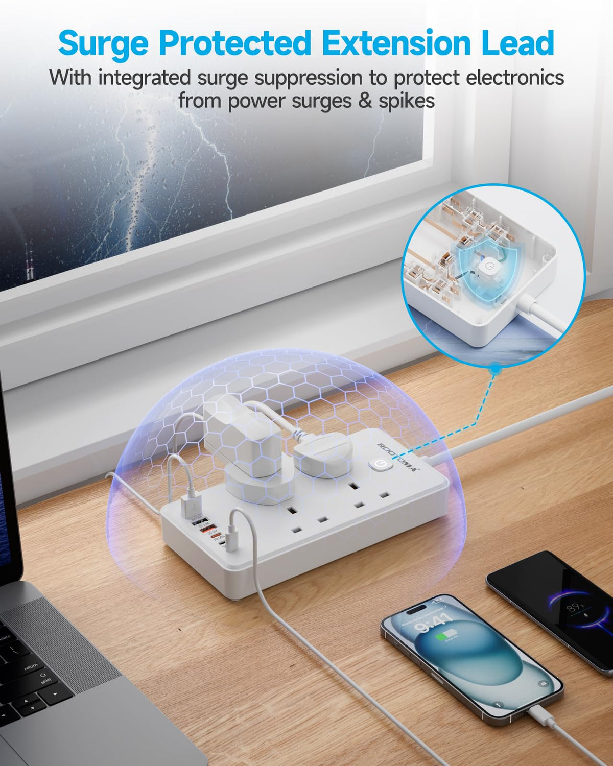 Extension Lead with 6 USB Slots (3 USB C), 4 Way Surge Protected, 3M