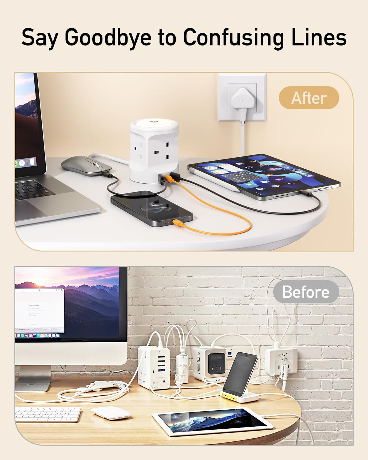 Extension Lead with USB Slots and Night Light, 4 Way (13A/3250W) Multi Plug Extension Cords & 3 USB Ports, Surge Protected Extension Lead with Switches, 2M Extension Cable for Home Dorm Office