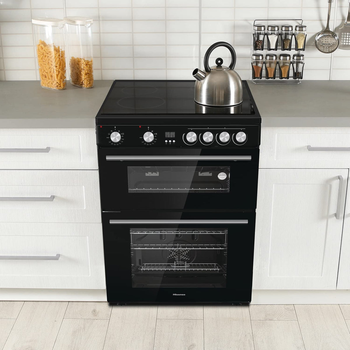 Hisense HDUKC60W 60cm Electric Cooker with Ceramic Hob-White, A Rated Double Oven 50L/80L [Energy Class A]