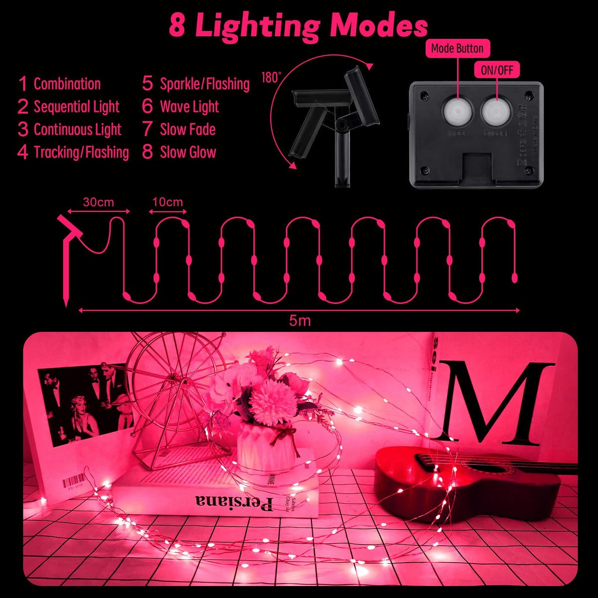 Gcstnn Garden Solar Lights Outdoor, 5M 50 LED Solar Fairy Lights, Copper Wire 8 Modes Waterproof String Lights for Yard, Christmas Tree, Bedroom, Gate, Indoor/Outside Decorations(Orange)