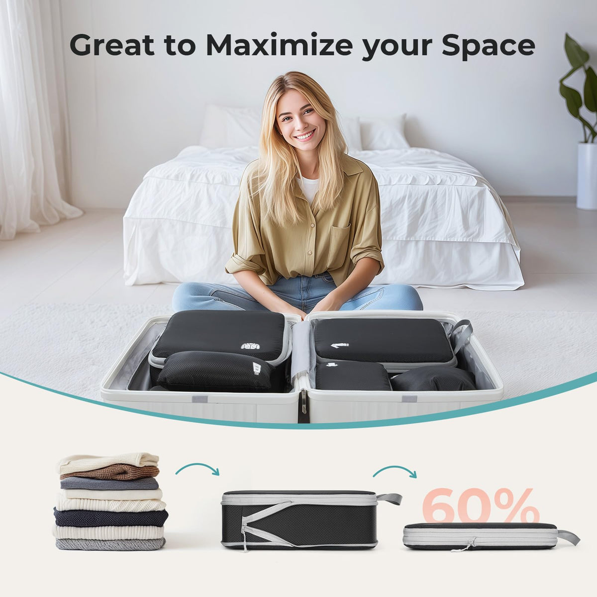 Samfolk Compression Packing Cubes for Suitcases Packing Cubes Compression Set Waterproof Suitcase Organiser Bags for Travel Suitcase Luggage Packing Organizer Bags Travel Essentials Black 8 Set