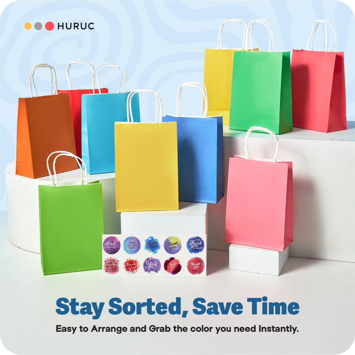 HURUC Brown Paper Bags with Handles 50 Pack Medium 130 GSM