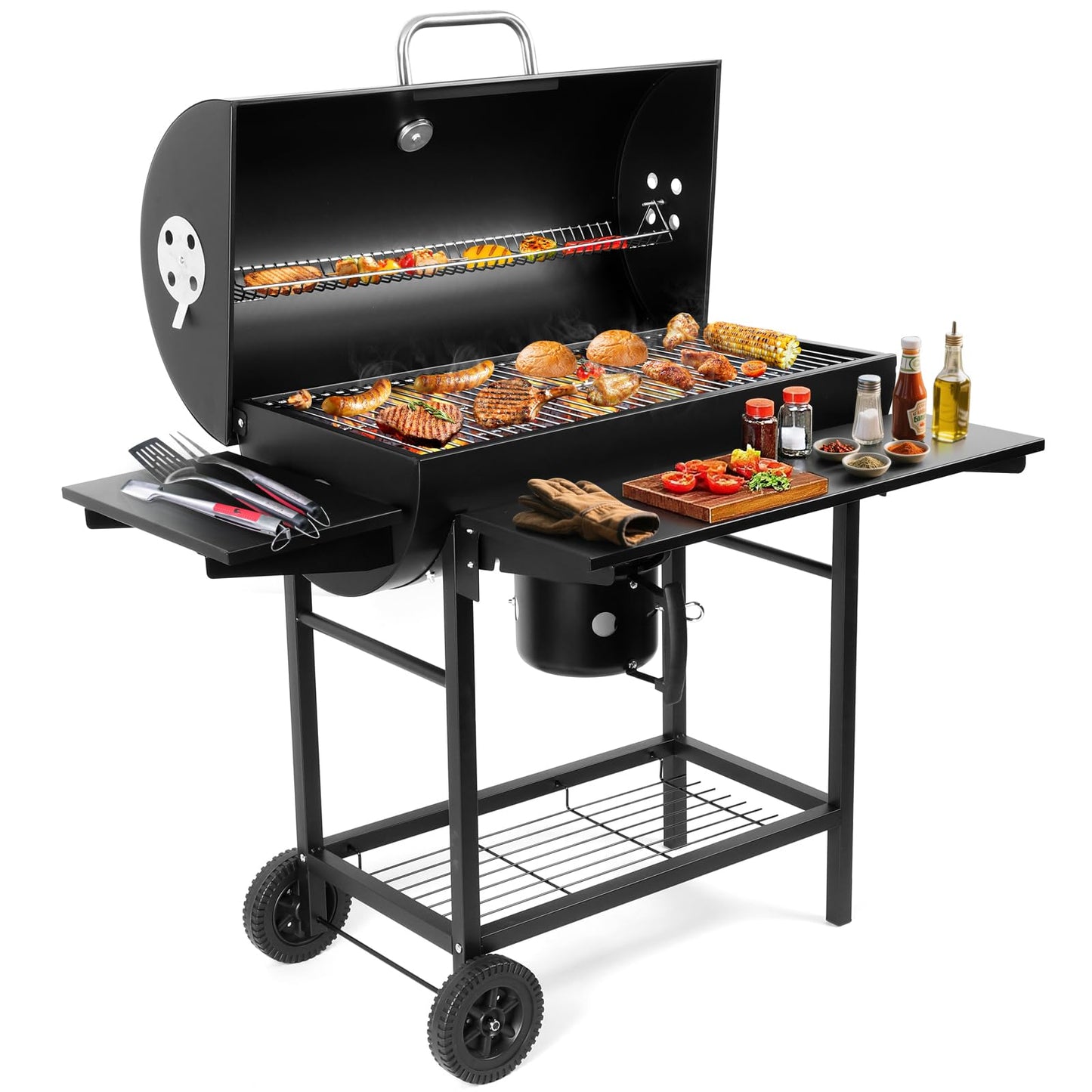 Charcoal BBQ Grill With Offset Smoker: Large Oil Drum Barbecue Barrel Grill For Outdoor Garden