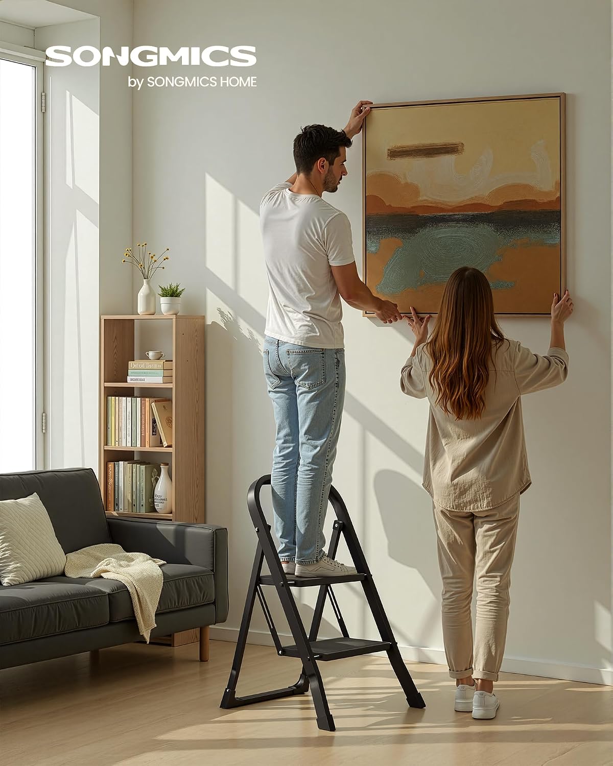 SONGMICS 2-Step Ladder, Folding Step Ladder, Safety, Holds up to 150KG