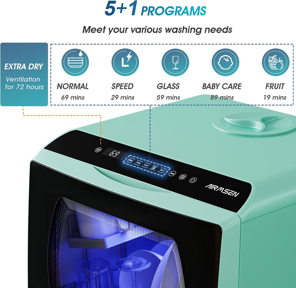 AIRMSEN Mini Table Top Dishwasher - Upgraded 6 Programs, Green