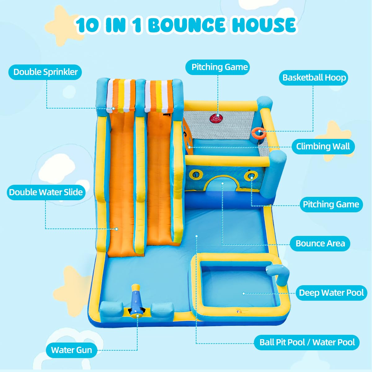 Inflatable Bouncy Castle with Slide Trampoline and Ball Pit, Bounce House Indoor Outdoor with Air Blower for Toddler Garden Park Backyard Party Wedding Birthday Gift, 470 x 400 x 220 cm