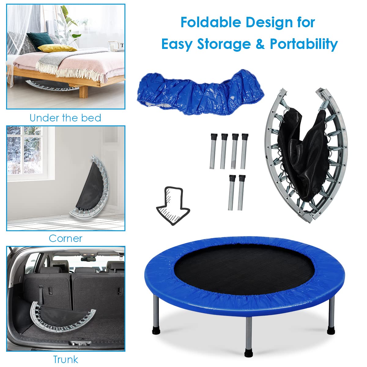 COSTWAY 38" Foldable Mini Fitness Trampoline with Carry Bag — Max 150 kg