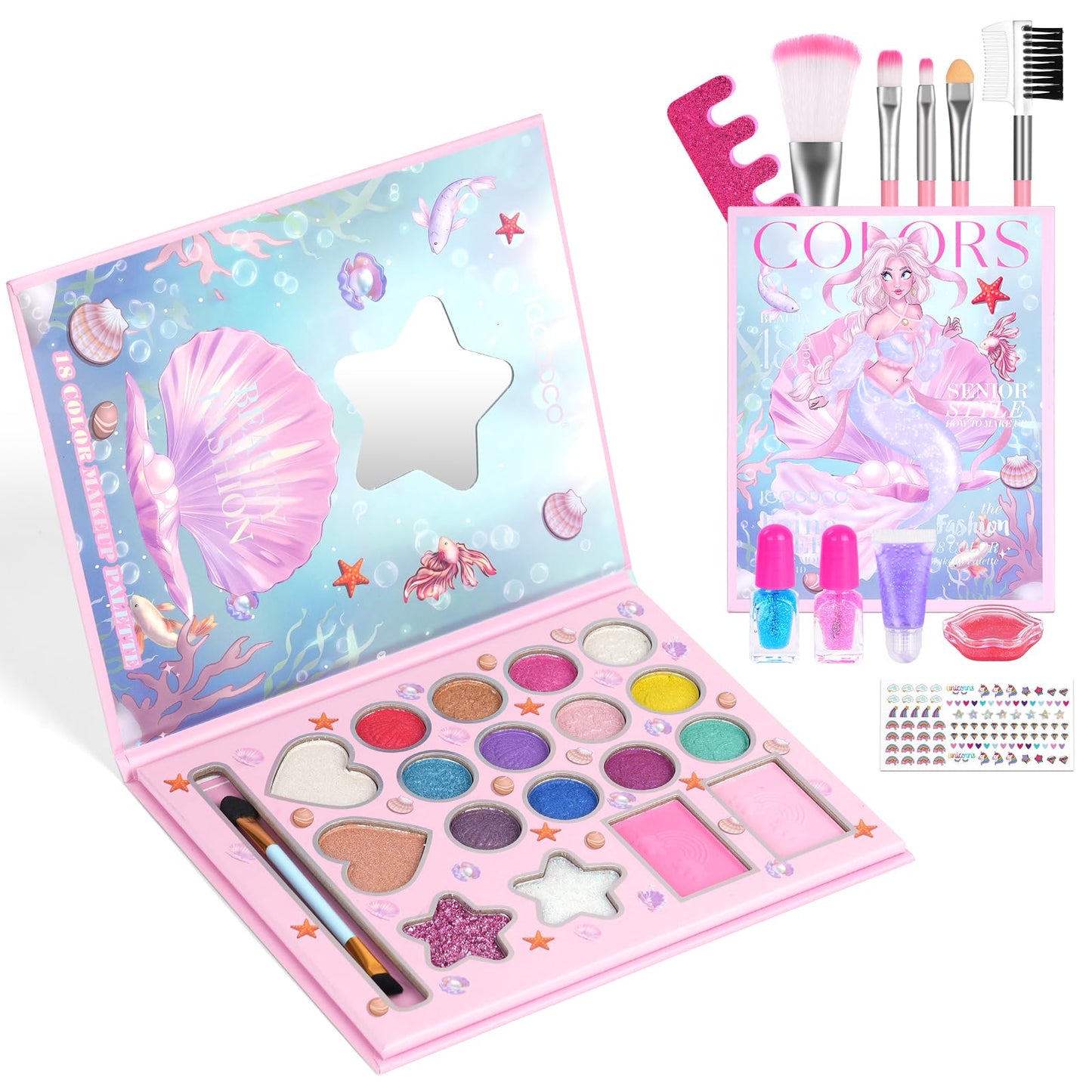 Aomig 18 Colors Kids Makeup Sets for Girls, Washable Children's Make Up Kit with Mirror, Non-Toxic Cosmetic Beauty Set Gift for Kids, Princess Pretend Play Games Toys Birthday