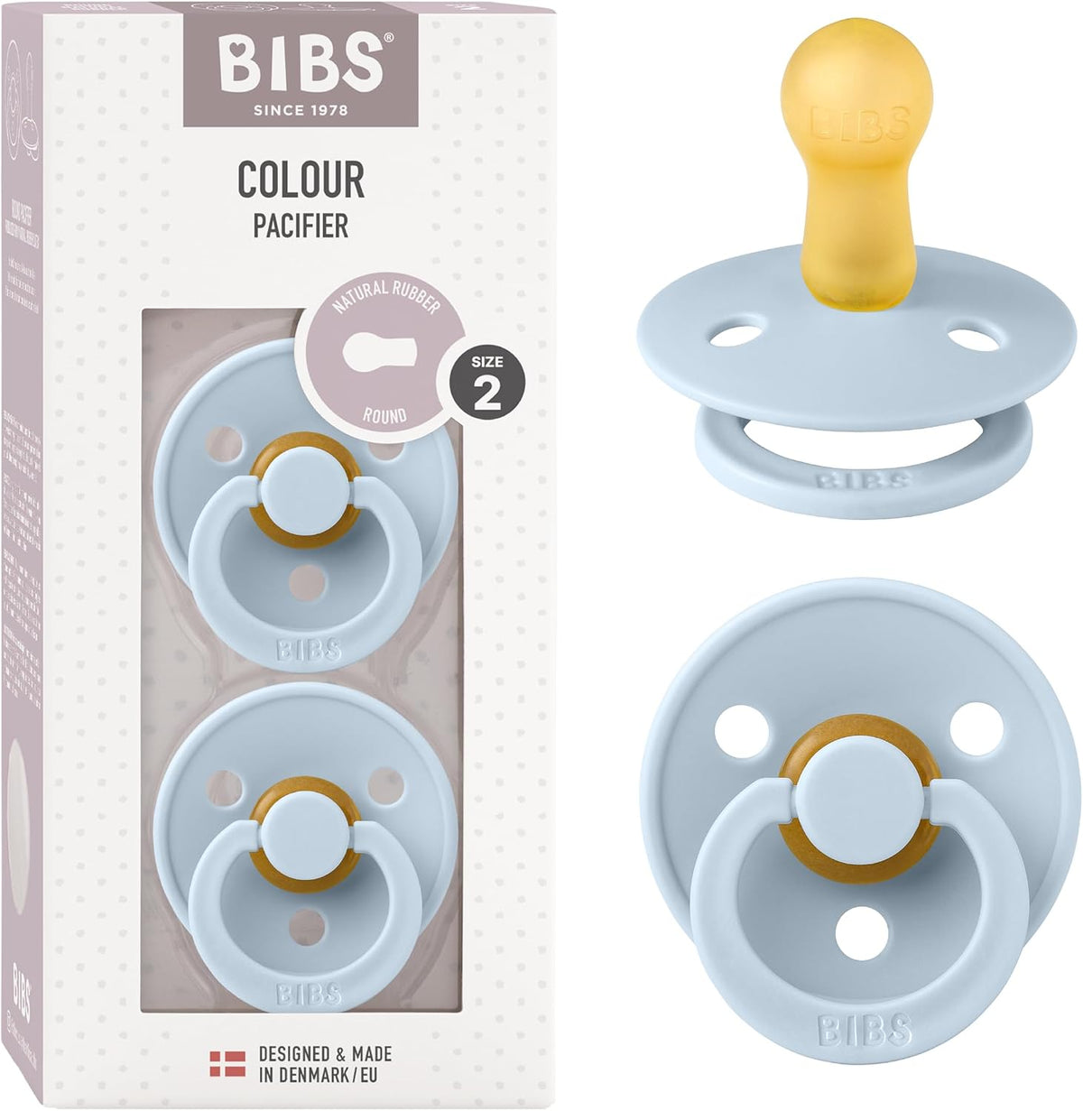 BIBS Colour Soother 2-Pack, BPA Free Dummy Pacifier, Round Nipple. Natural Rubber Latex, Made in Denmark, Size 2 (6-18 Months), Baby Blue
