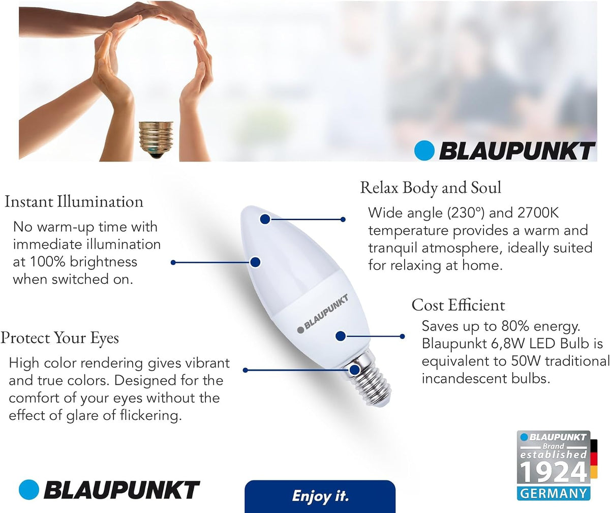 Blaupunkt E14 LED Light Bulb Candle Shape – 10W (Equivalent to 80W - 100W), 820 Lumens, 4000K Neutral White LED – Non‑Dimmable, E14 Screw Base, Energy‑Efficient Home Lighting – Pack of 1