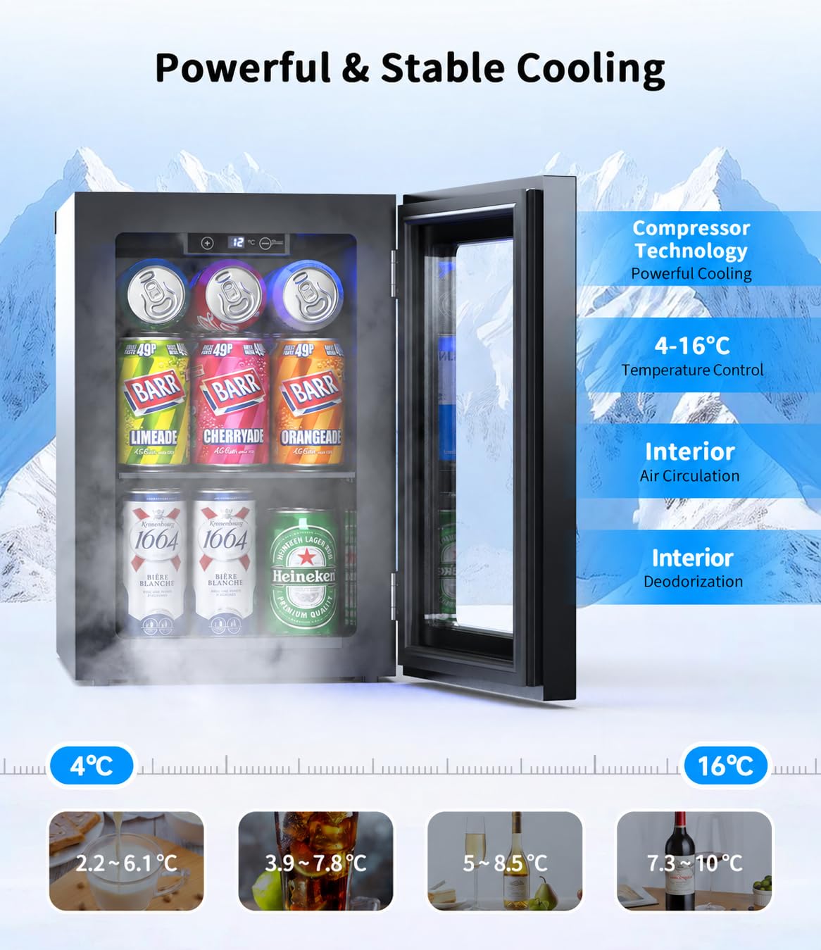 WIE 48L Drinks Fridge with Glass Door, Beer Fridge for 68 Cans or 12 Wine Bottles, Mini Fridge 4-16°C Touch Control, Quiet Beverage Refrigerators with LED Light, Reversible Door for Home, Bar, Office