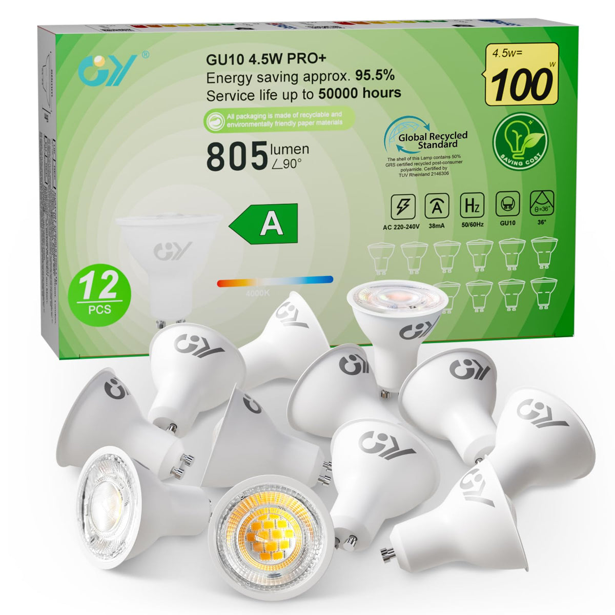 GY GU10 LED Bulb 4.9W 790lm Cool White 6500K Energy Saving LED Bulb, The New UK Energy Efficiency Class B Replaces 80W, 110°Beam Angle Non-Dimmable, 10 Pack