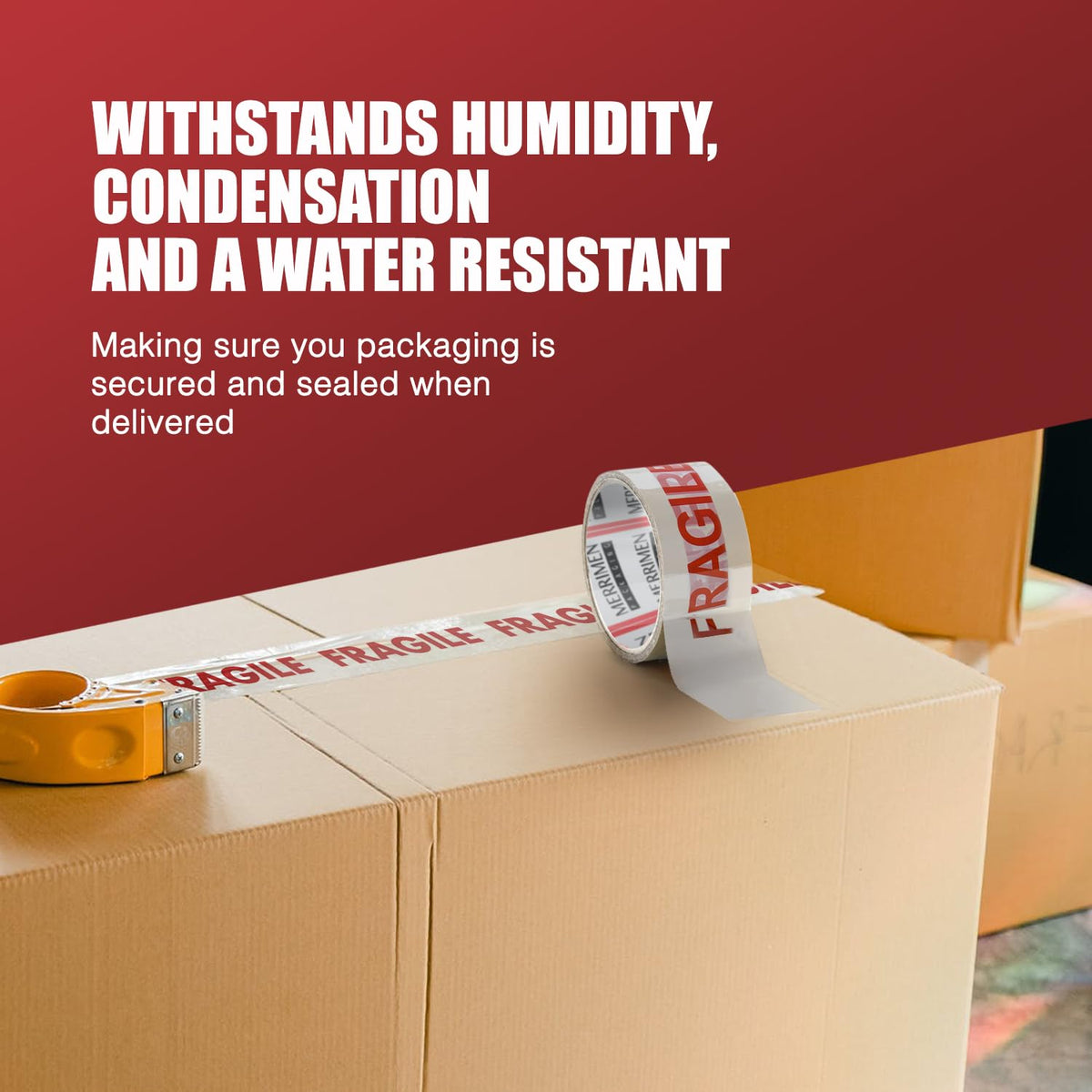 Merrimen Strong Heavy Duty Roll Pack Fragile Packaging Tape, Secure Sticky Sealing Tape for Parcel Boxes, Moving Boxes, Large Postal Bags for Long Term Storage, (48MM x 66M) (12 rolls, Fragile)