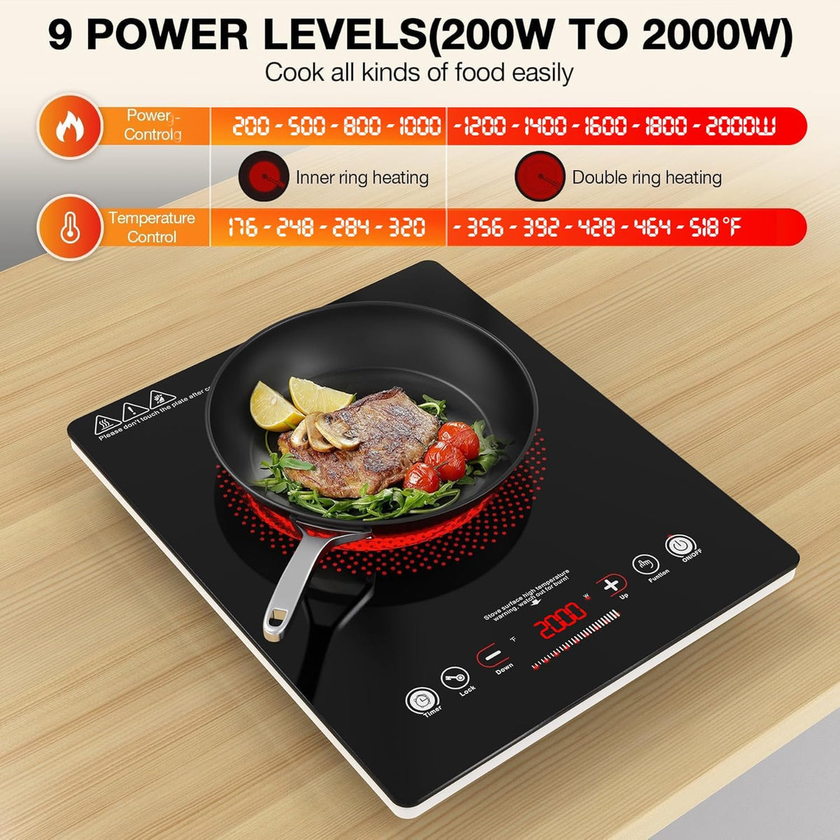 VBGK Double Electric Hob, 220V 3600W Ceramic Hob with Handle, Electric Hot Plate with 9 Power Levels, Child Safety Lock, Timer,Knob and Touch Control, 2 Burner Cooktop