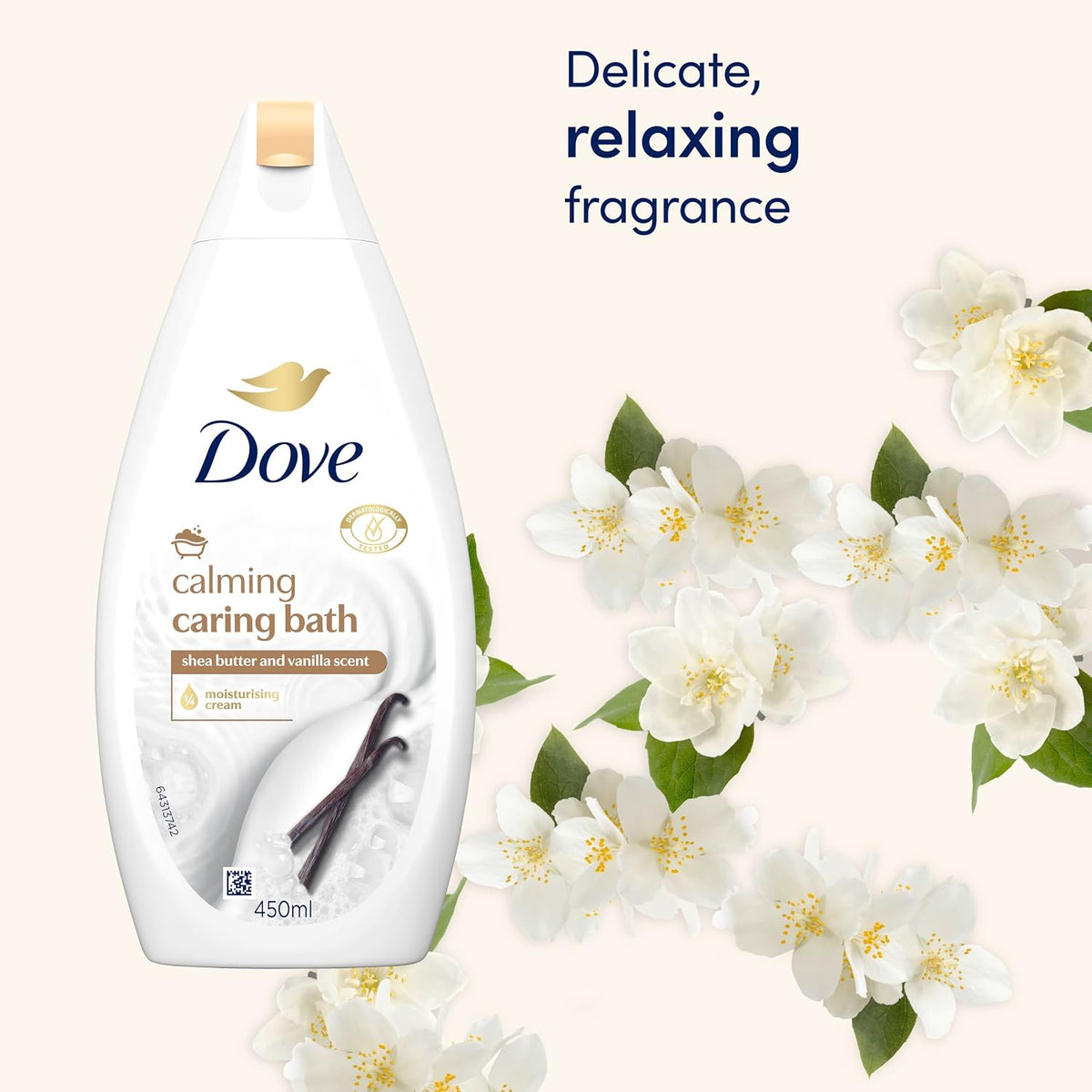 Dove Calming Caring Bath Bath Soak with ¼ moisturising cream, shea butter & warm vanilla for an indulgent bubble bath 450 ml