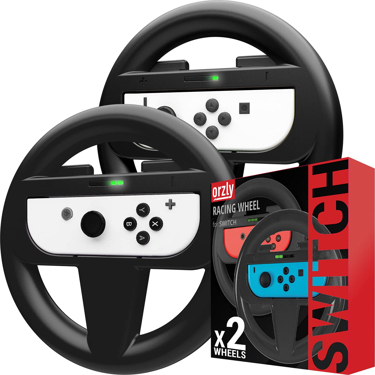 Orzly Racing Steering Wheels – Compatible with Switch 2 (2025 Console) – Party Pack of 4 Joy-Con Controller Attachments for Racing Games (2 Black, 1 Blue, 1 Red)