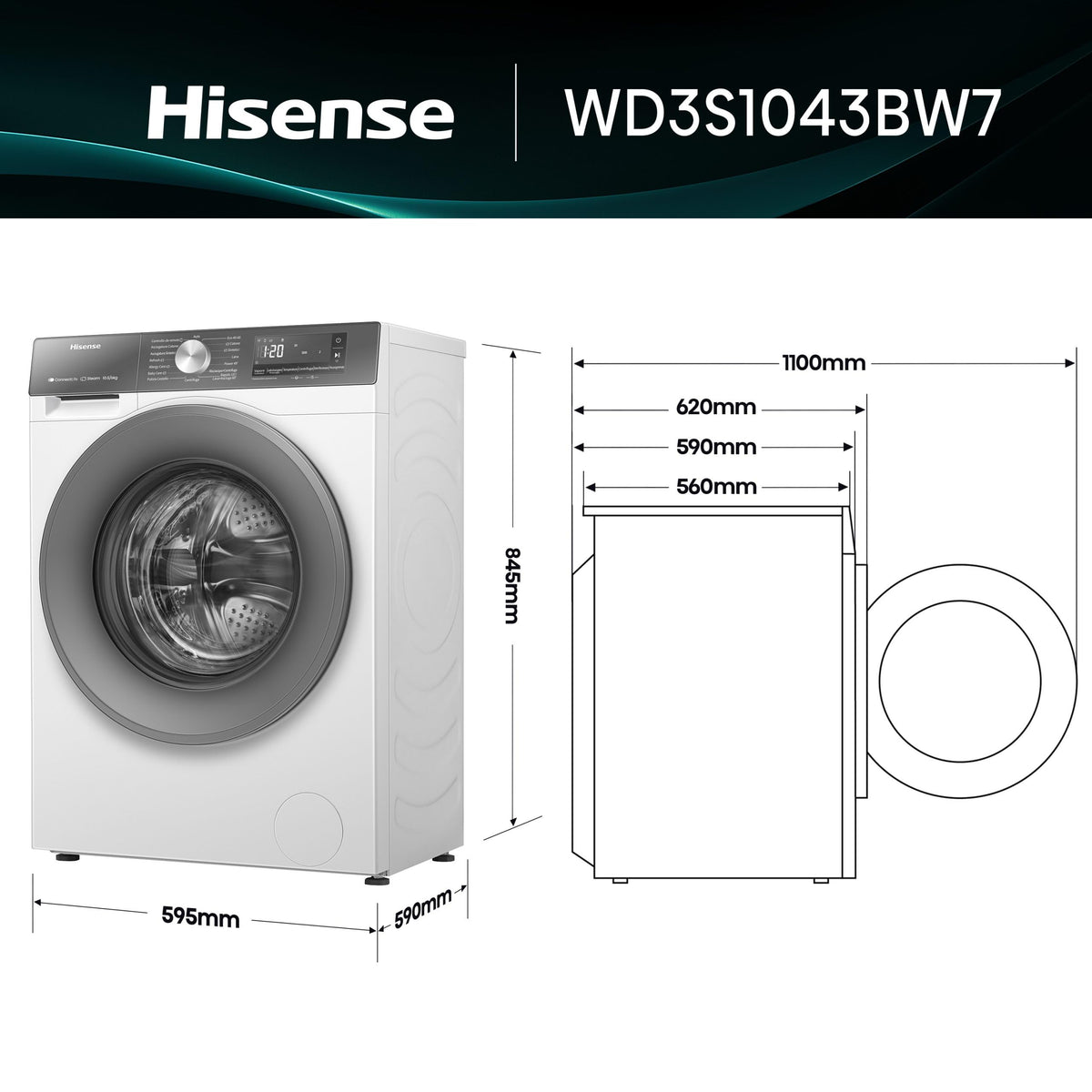 Hisense 3S Series WD3S8043BB3 Wifi Connected 8Kg and 5Kg Washer Dryer with 1400 rpm - Black - A-D Rated