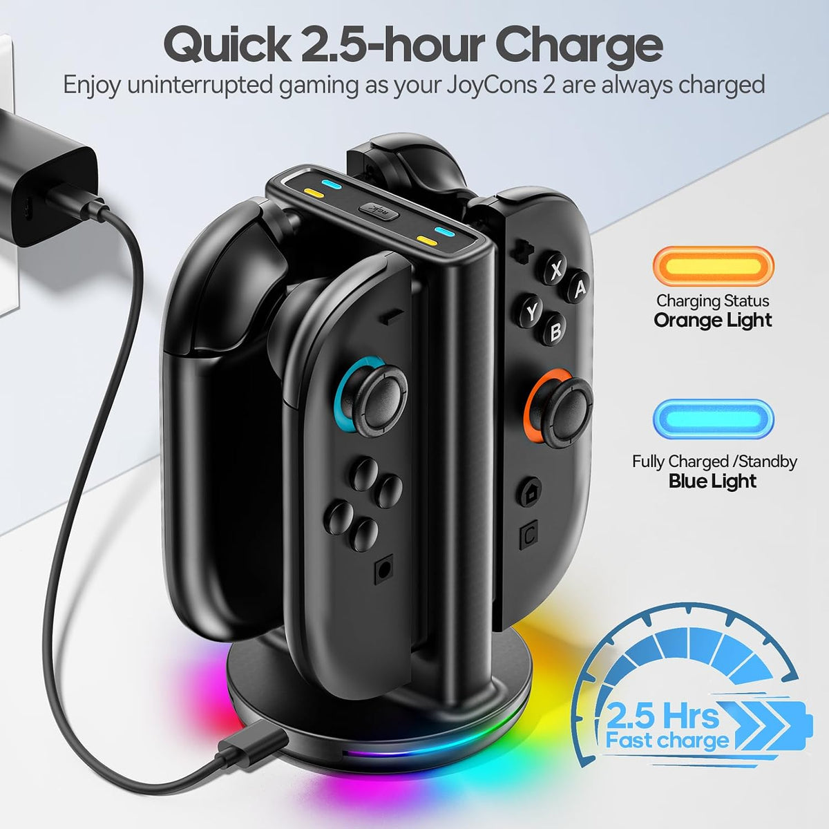 Rysker RGB Switch 2 Controller Charger for Joy-pad 2, 2H Fast Joycon 2 Charging Dock for Any Direction Charging, 9 Light Modes Switch 2 Joycon Charger Station