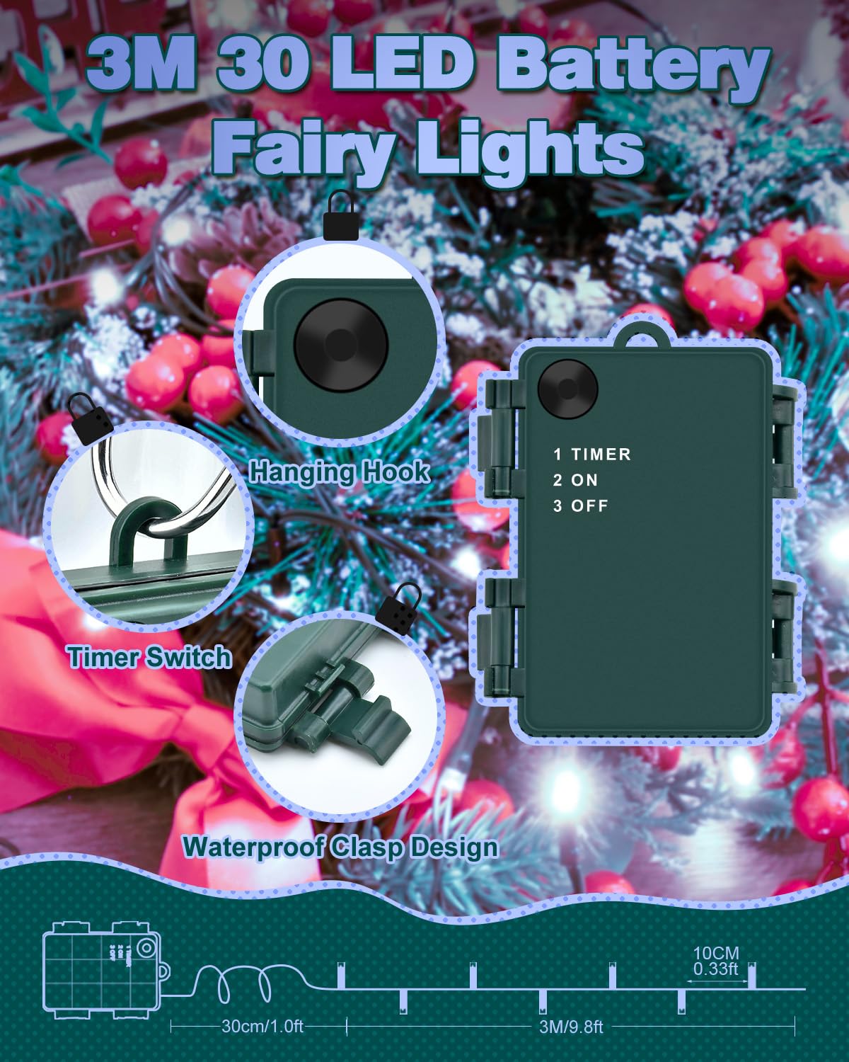 Dalugo Halloween Decoration Lights, 5M 50 LED Orange Purple White Fairy Lights with Timer, IP65 Waterproof Battery Powered Lights for Indoor Outdoor Autumn Halloween Decorations(Green Wire)