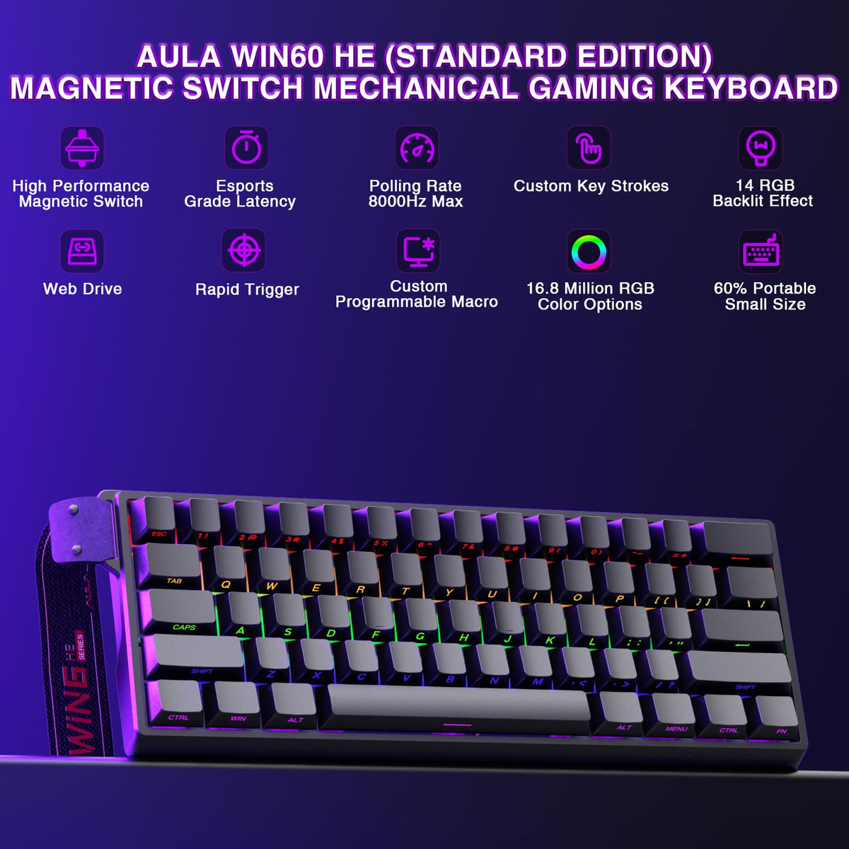 AULA WIN60 HE Mechanical Gaming Keyboard Wired,Hall Effect Magnetic Switches,Adjustable Actuation Rapid Trigger,8K Polling Rate,RGB Backlight,60% Percent Keyboard for Mac/Win (BLACK) (Pack of 2)