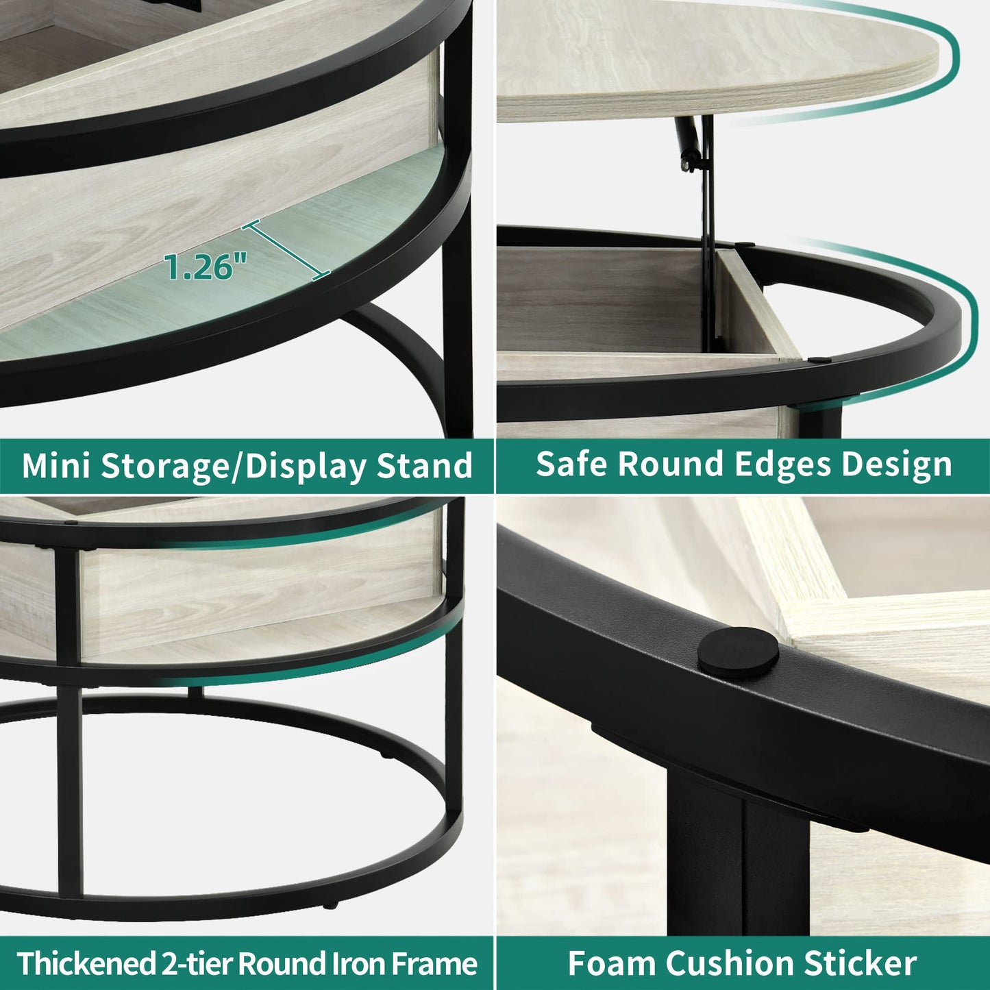 YITAHOME Coffee Table with Lift Top, lift up Coffee Table Round with Hidden Storage Compartment, 60x60x47cm