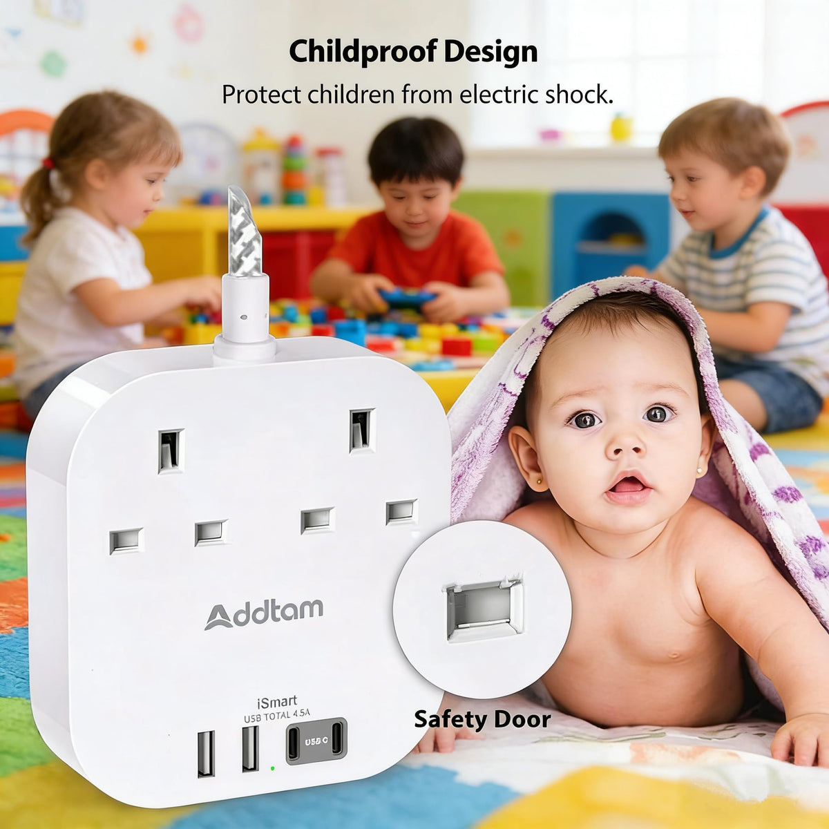 Addtam 3M Extension Lead with USB Slots, Power Strips with 2AC Outlets 4USB