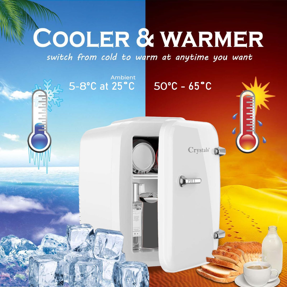 Crystals 4/10/15L Litre Mini Fridge, Table Top Small Fridge Cooler & Warmer for Car Bedrooms Desk Office, 12V DC - 220 AC, Mini Fridge for Bedrooms – Energy Efficient (Black, 4L Litre)