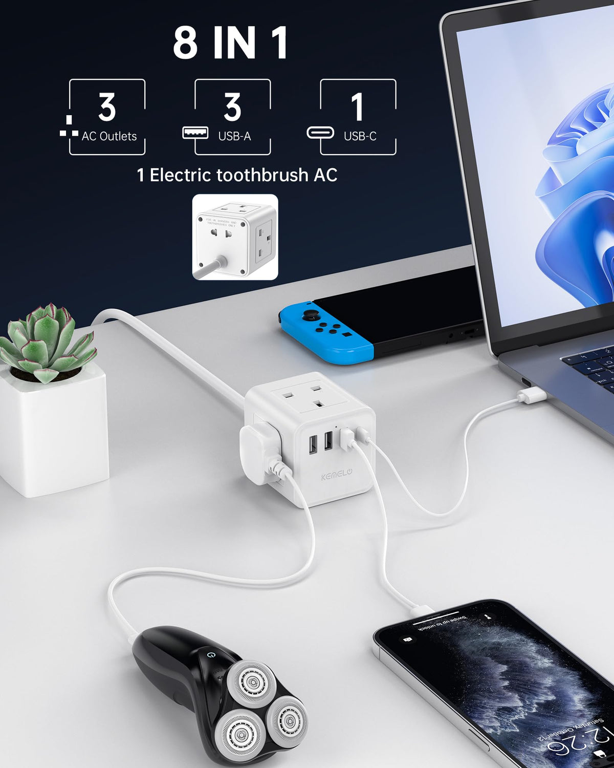 Cube Extension Lead with 4 USB Slots, Kemelo 4 Way (13A/3250W) Multi Plug Extension Cable with Child Safety UK Desktop Power Extension Socket,1.5M Extension Cords for Home Dorm Office Travel, Black