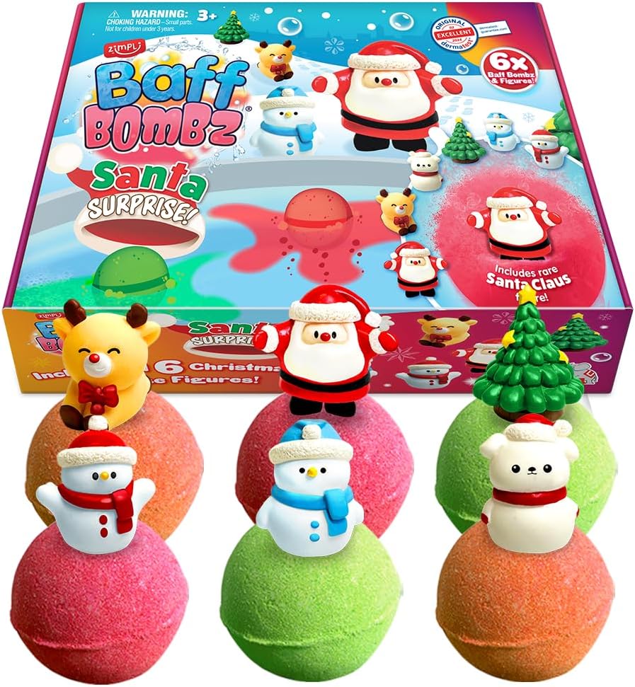 ZIMPLI - 6 x Large Santa Surprise Bath Bombs, 6 x Christmas Surprise Toys, Xmas Baff Bomb Gift Set for Children, Presents aged 3 and up