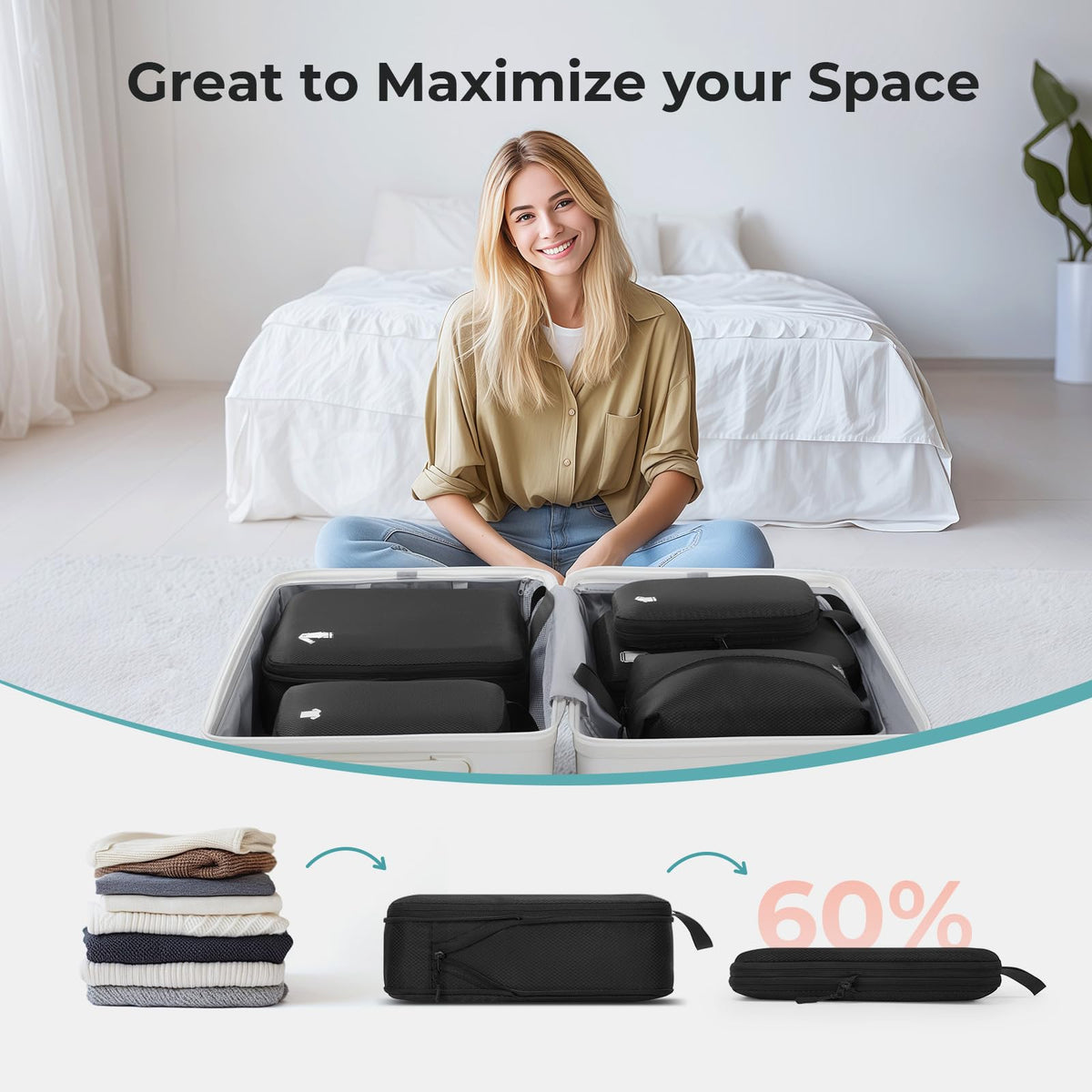 Samfolk Compression Packing Cubes for Suitcases Packing Cubes Compression Set Waterproof Suitcase Organiser Bags for Travel Suitcase Luggage Packing Organizer Bags Travel Essentials Black 8 Set