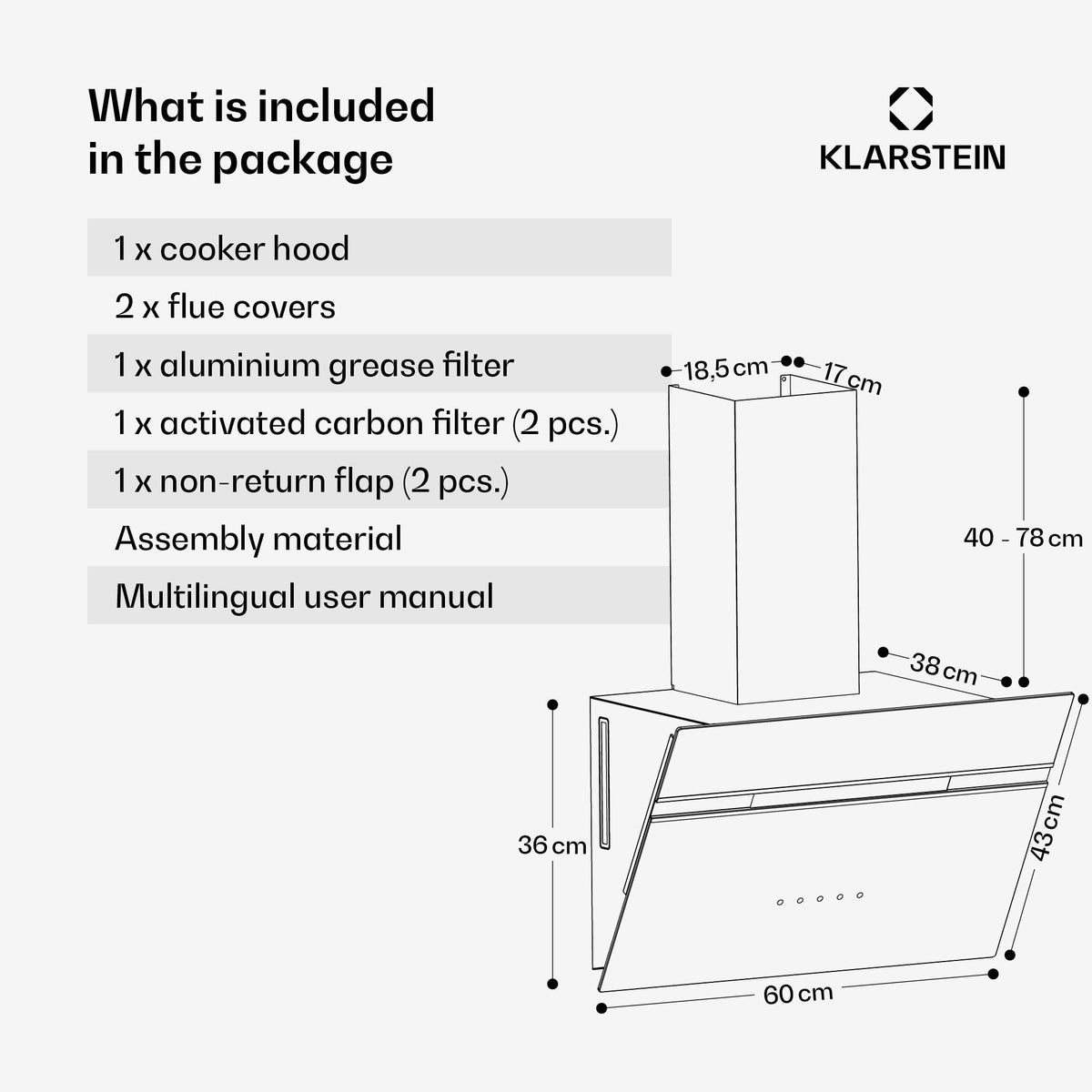 Klarstein Alina 90 Angled Cooker Hood - 615m³/h Air Flow, Touch Panel, LED Backlighting, Quiet 63dB, Energy Class A, 90cm Extractor Hood, Black