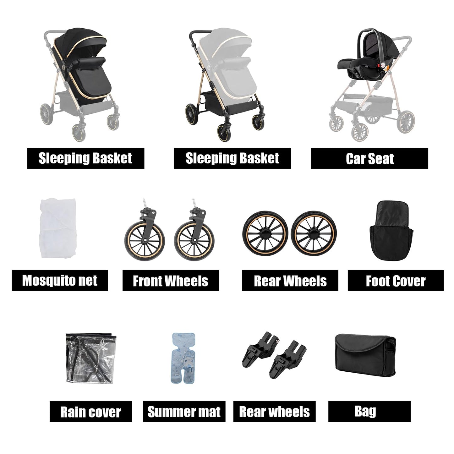 PU Leather 3 in 1 Pushchair Travel System, Toddler Stroller, Baby Pram 3 in 1, Infant Carriage with One-Click Folding, Newborn Buggy with Aluminum Frame (V6 Black)