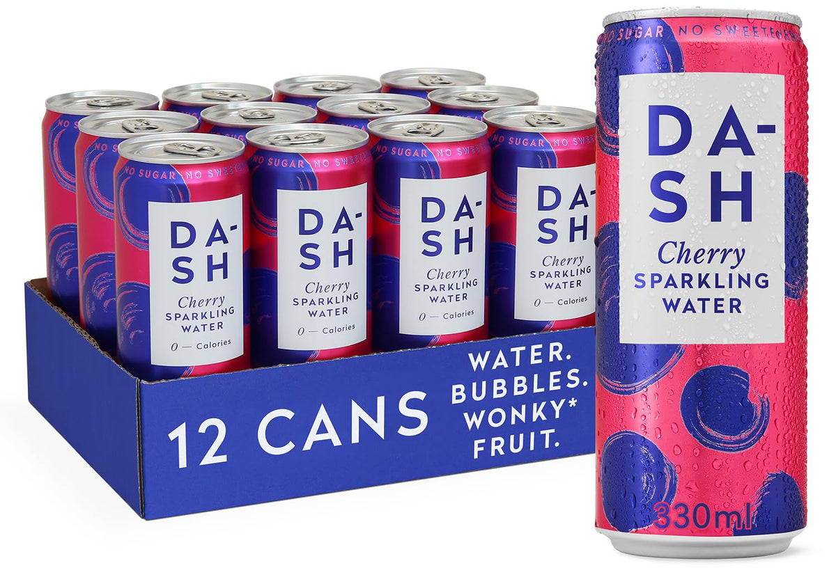 DASH Water Raspberry - 12 x Raspberry Flavoured Sparkling Spring Water - NO Sugar, NO Sweetener, NO Calories - Infused with Wonky Fruit (12 x 330ml cans)