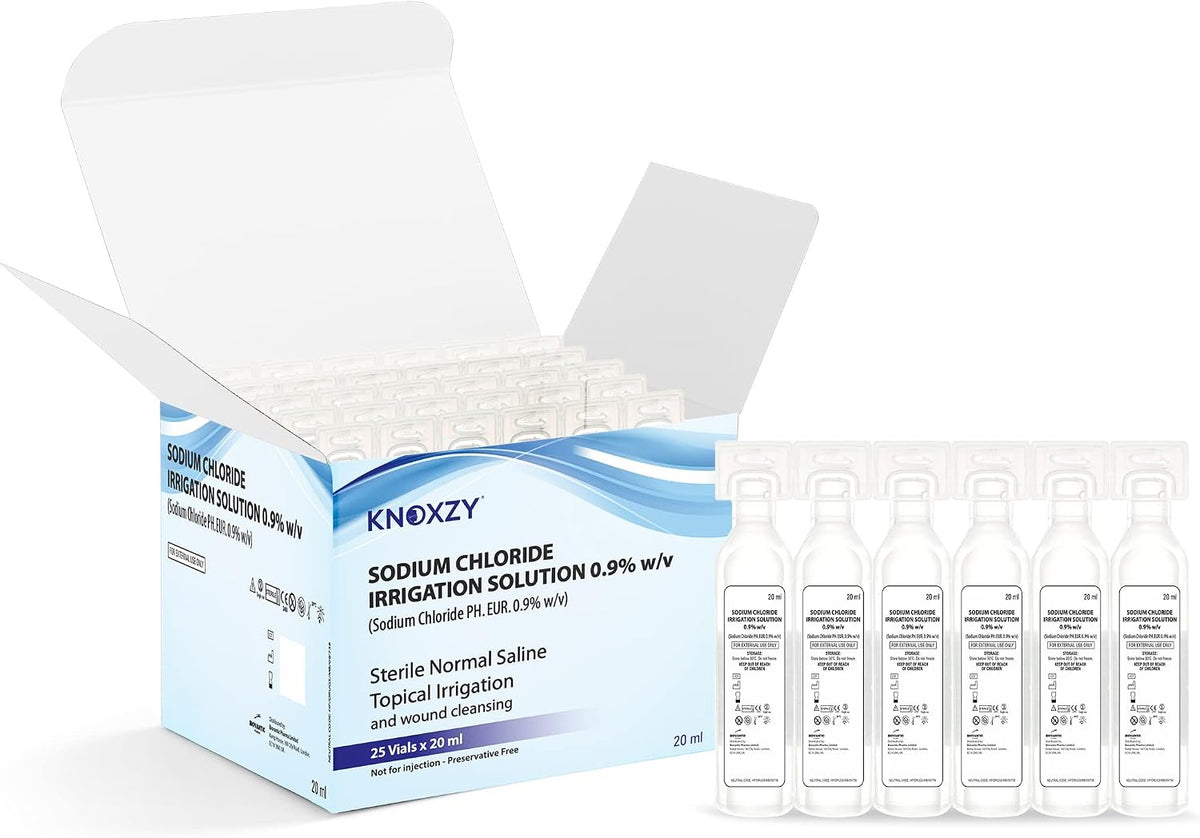 KNOXZY Sterile Saline Pods | Eye Wash | Wound Cleansing | Topical Irrigation | 25 x 20 ml sterile Pods