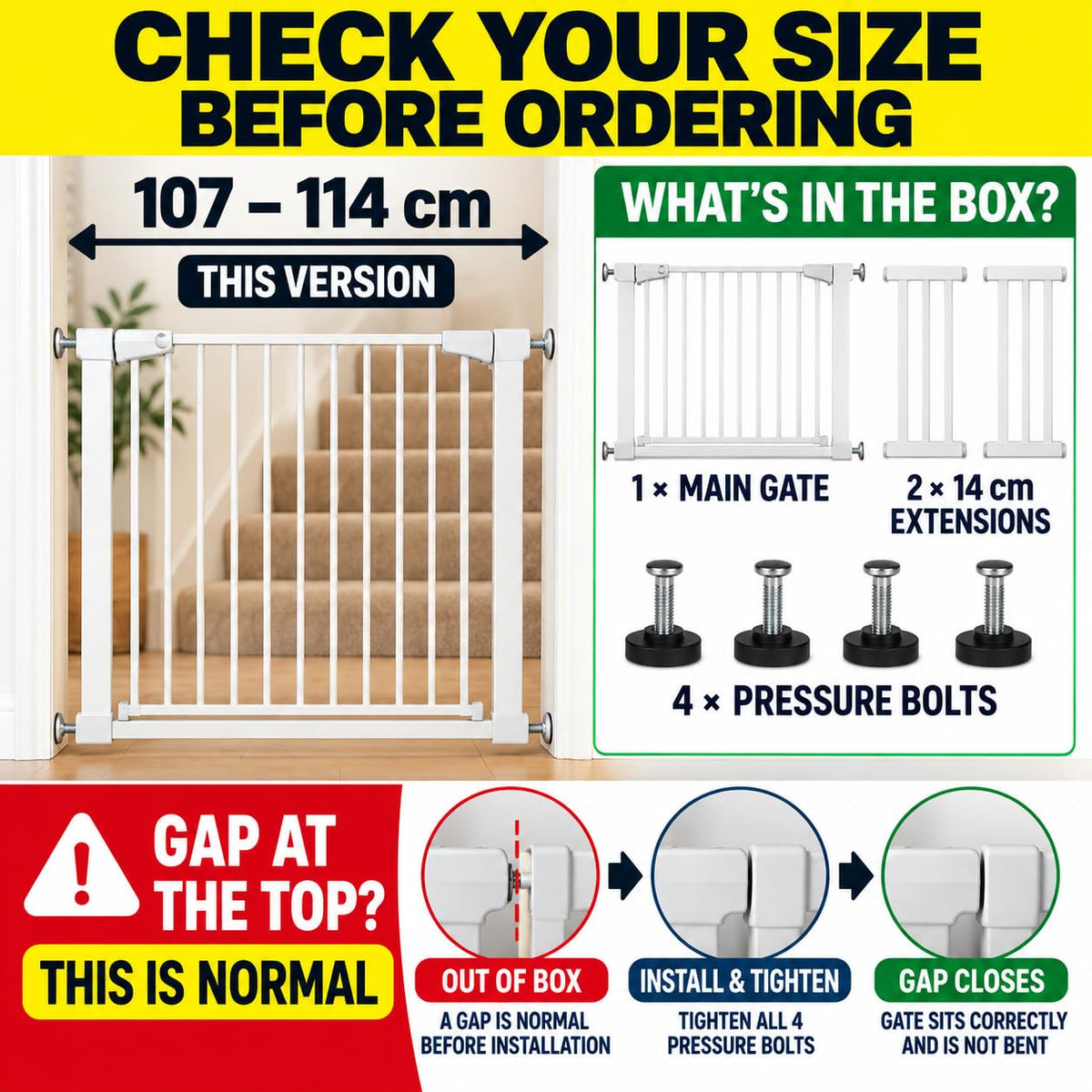 For Your Little One Pressure Fit Safety Stair Gate – 100–107 cm – 2 x 7 cm Extensions Included – No Screws Needed | One-Hand Opening | Baby & Pet Gate for Stairs & Doorways, Grey