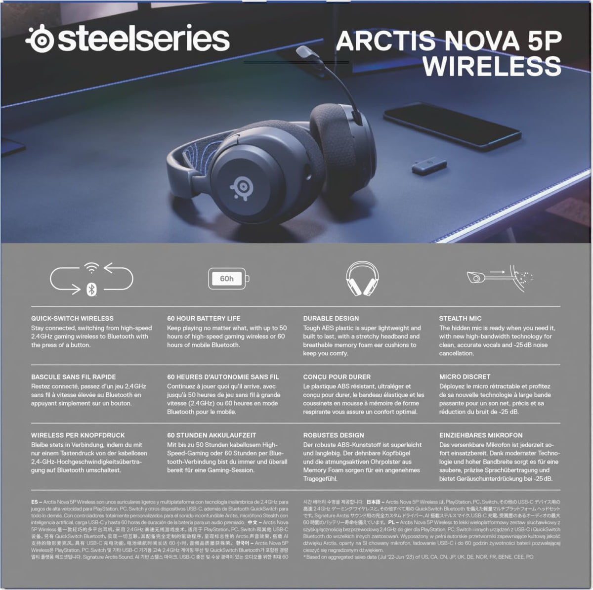 SteelSeries Arctis Nova 5P Wireless - PS5 Gaming Headset - 100+ Audio Presets via App - Neodymium Magnetic Drivers - 60H Battery - 2.4GHz/BT - ClearCast Gen2.X Mic - Supports PS4, PC, Mobile