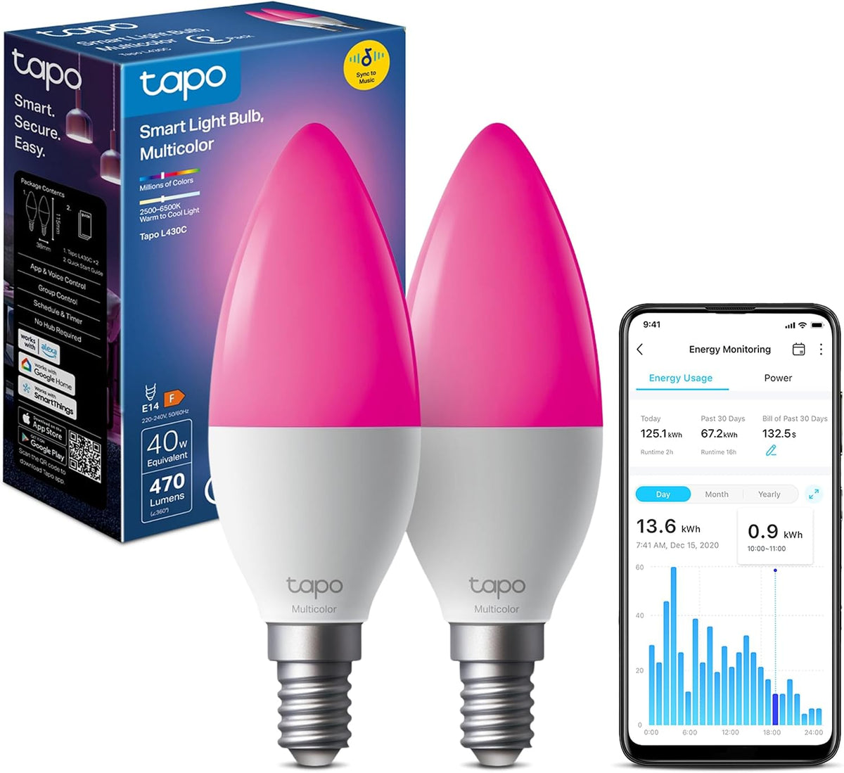 Tapo L430C(2-Pack) E14 Smart Bulb Candle Multicolour LED Light Bulb