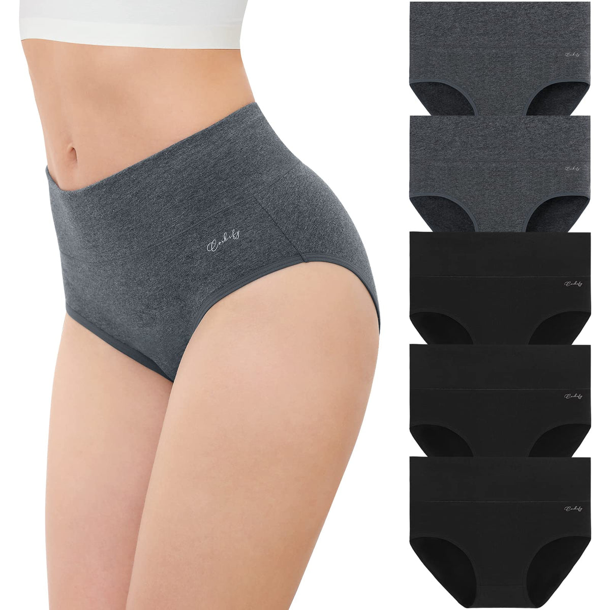 coskefy Underwear Women, High Waisted Cotton Knickers Ladies Full Briefs Soft Panties Slight Tummy Control Pants 5 Pack