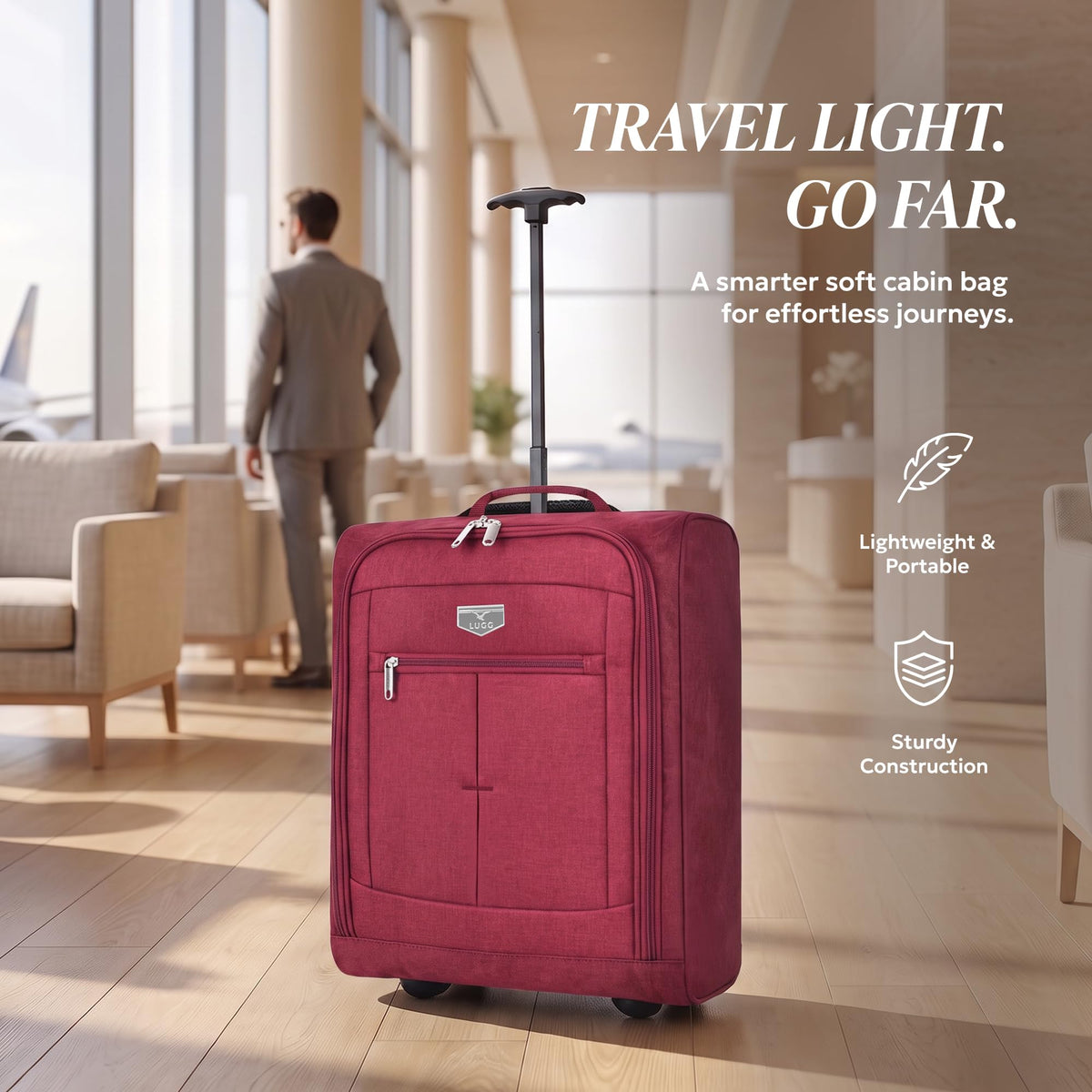 LUGG Lightweight Cabin Luggage, 600D Polyester, Solid Wheels, 45x36x20cm
