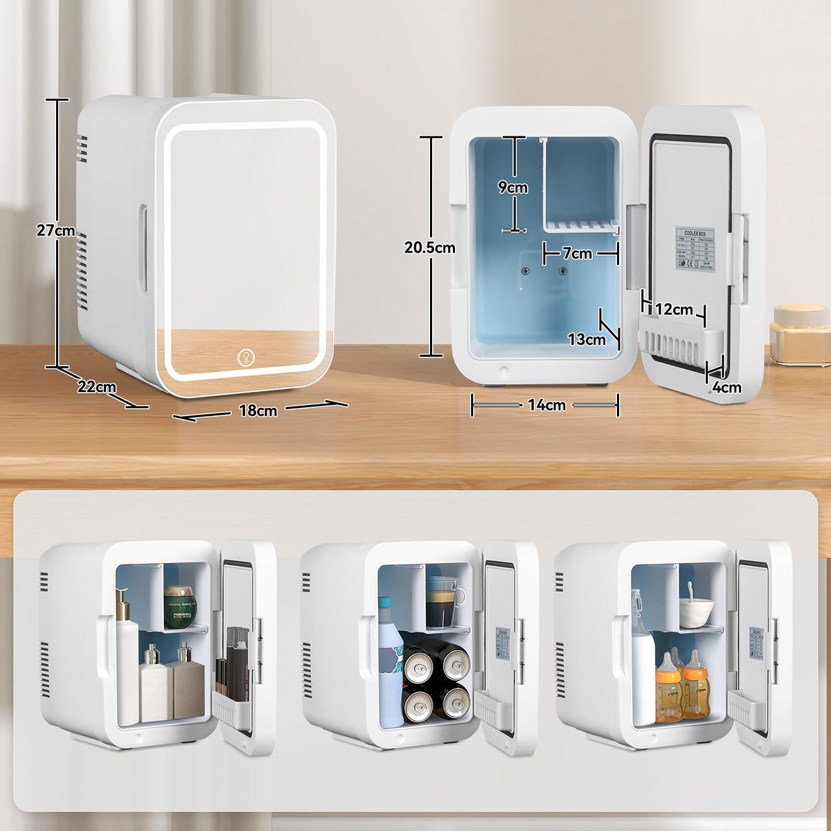 4 Liter Mini Fridge with Dimmable LED Mirror, AC/DC Skincare Fridge
