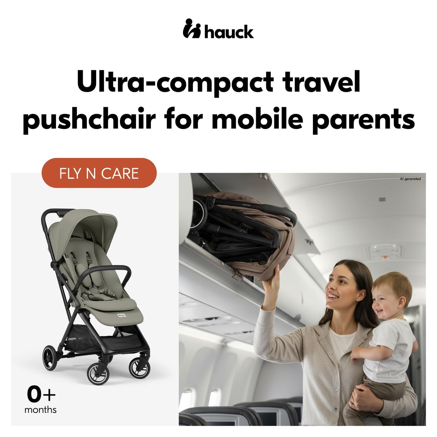 Hauck Fly N Care, Sage Green - Ultra Compact & Light Travel Pushchair (7.5kg) with One Hand Fold, Carry Strap & Bag, Seat Liner, Car Seat Adapter, UPF 50+ Sun Canopy, Fully Reclining Birth to 22 kg