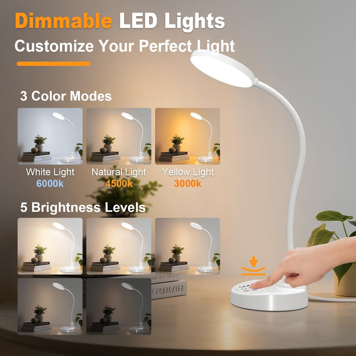 60 LED Desk Lamp with USB Charging Ports – Dimmable Table Lamp with 3 Color Temps, 5 Brightness, 4 Timers, 15W Flexible Gooseneck Light with Base, Eye-Caring Reading Light for Home Office, Bedroom