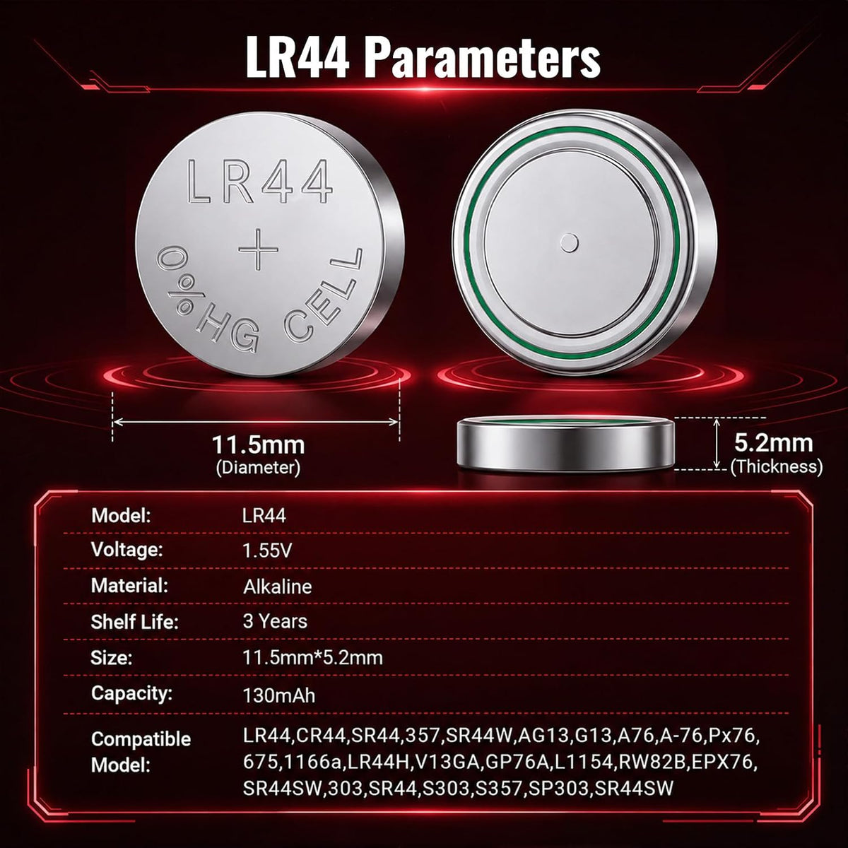 POWEROWL 12 Pcs AG13 Button Cell Battery for Car Keys, Christmas decorations, Bottle Lights, and household items (Red)