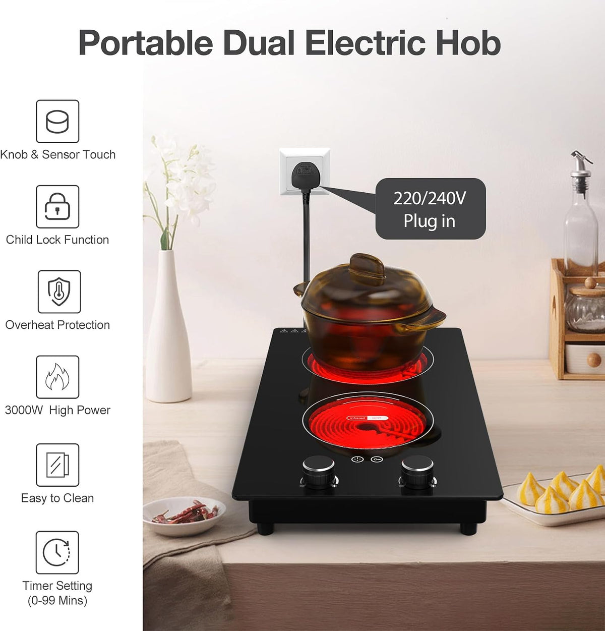 VBGK Portable Ceramic Hob, 2000W Pulg in Single Electric Hob, Portable Electric Hob with Digital LED Touch Controls, 10 Power Levels, 4-Hour Timer, Child Safety Lock, Black