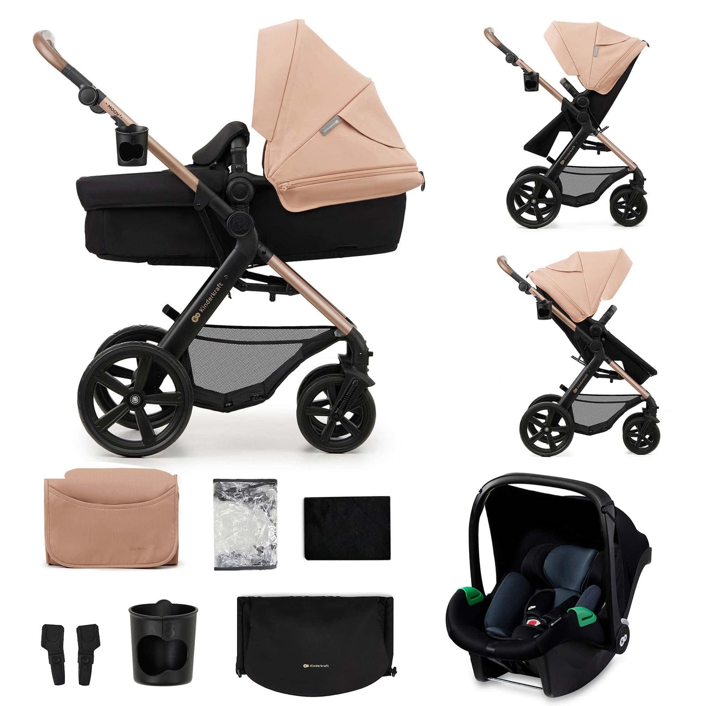 Kinderkraft MOOV 2 AIR 4 in 1 Set, Pram with Infant Car Seat with Isofix Base Mink PRO I-Size, Travel System, Baby Pushchair, Buggy, Foldable, from Birth to 22 kg, Inflatable Wheels, Gray