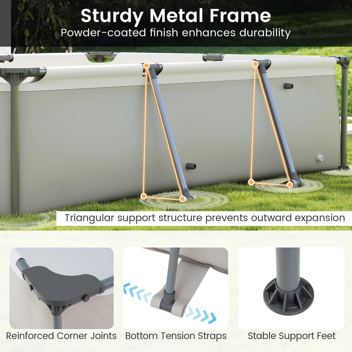 COSTWAY Above Ground Swimming Pool, Outdoor Round/Rectangular Large Framed Pool Set, Metal Frame Garden Family Pools for Kids and Adults (Gray, 300 x 207 x 66 cm, Rectangular)